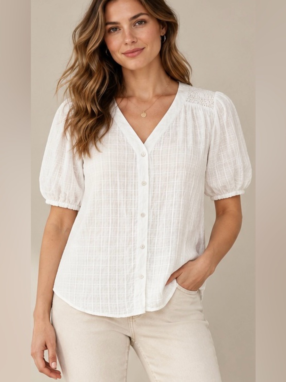 Nurture White Textured Plaid Button Front Top XL EUC #1496